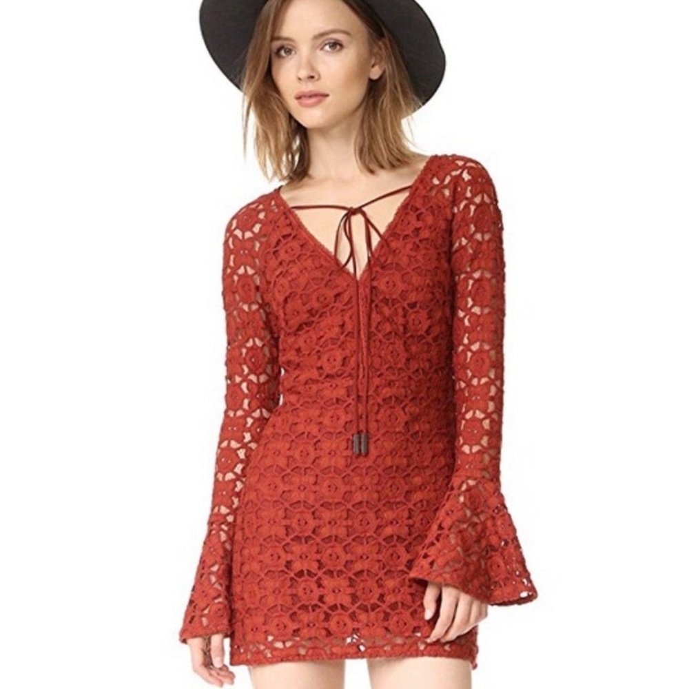 Free People Burn Orange Lace Bell Sleeve Dress